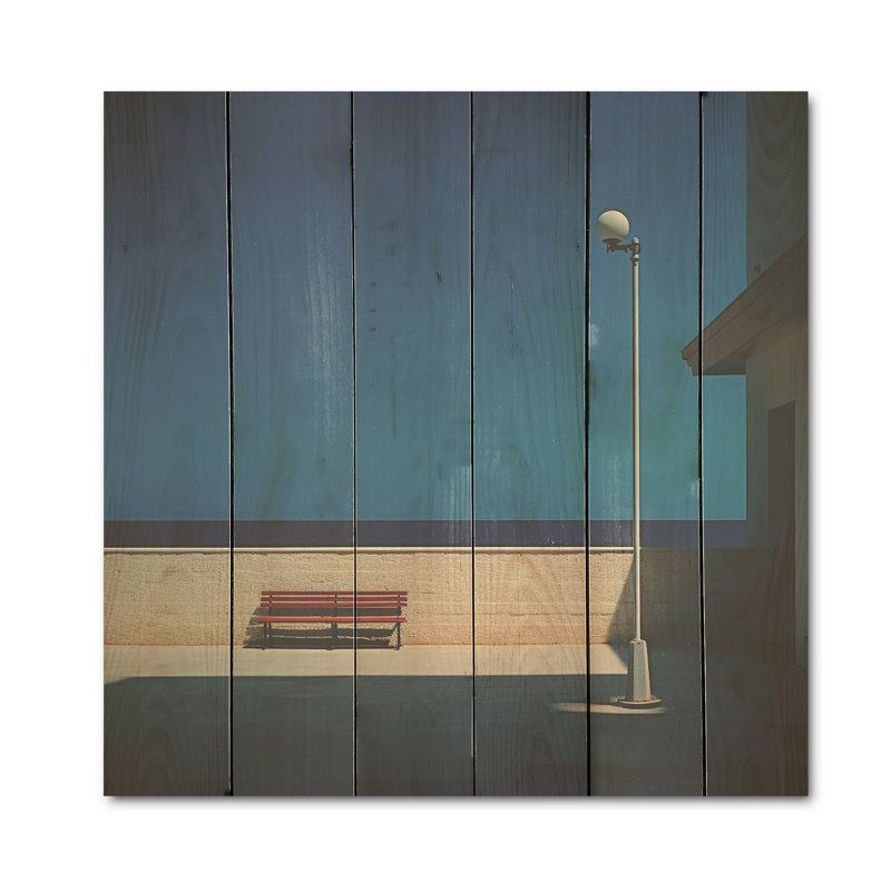 Banc à l'océan Horizon I - art mural en bois de port côtier sur bois de pin naturel, H 15 po x l 15 po