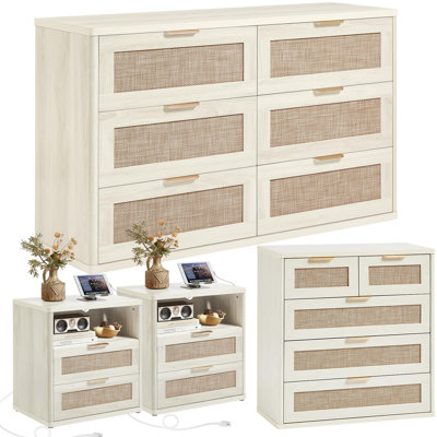 Rattan Dresser and Nightstand Set of 4, Boho Wood Dressers & Nightstand Set, Bedroom Furniture for Living Room, Hallway