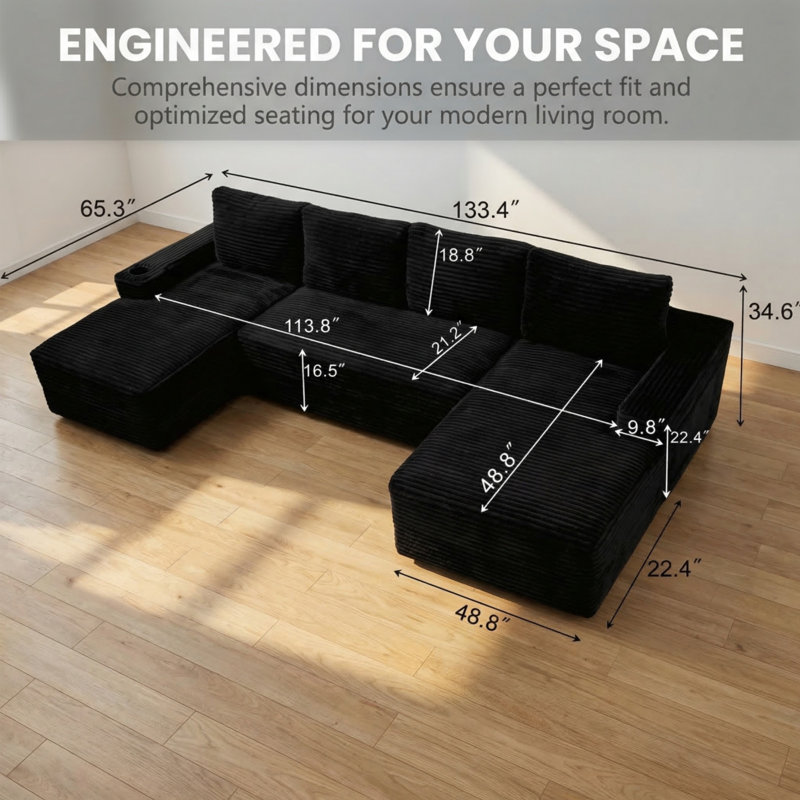 Ensemble de canapé modulaire compressible en velours côtelé, style minimaliste en forme de U, convenant aux salons, Noir