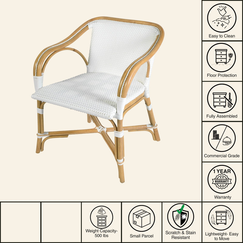 Portofino 18.75 in. Seat Height Rattan Arm Chair, White & Gray, White