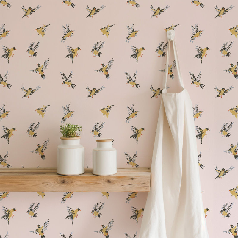 Flight of the Finches - Wallpaper, Sunbleached Pink, Peel & Stick, Self-Adhesive