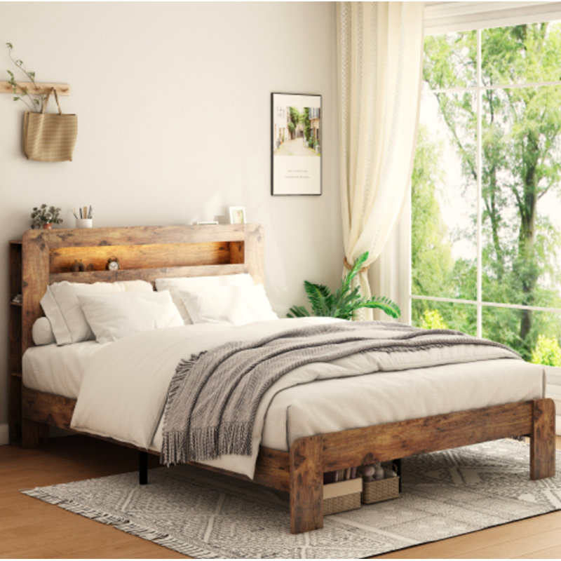 Bed Frame Full Size, Wood Platform Bed Frame With Storage LED Light Headboard And 2 USB , Noise Free,No Box Spring Needed And Easy Assembly Tool,Large Under Bed Storage,Dark Brown
