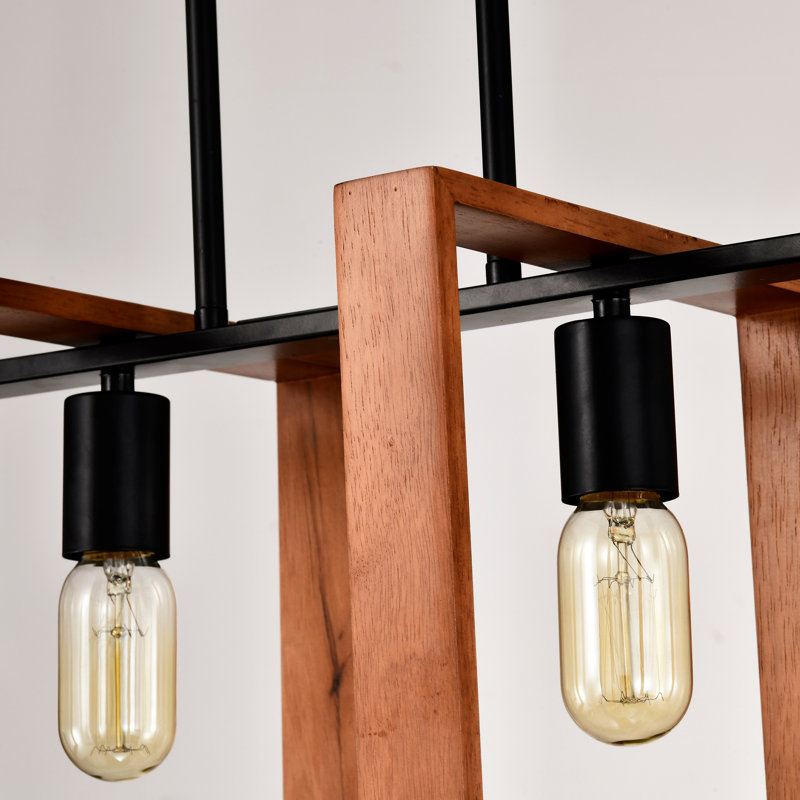 Modern Style 4- Kitchen Island Lights, Rustic Wood And Black Metal With Adjustable Rods For Dining Room, Living Conference Home Office & Rectangular Large