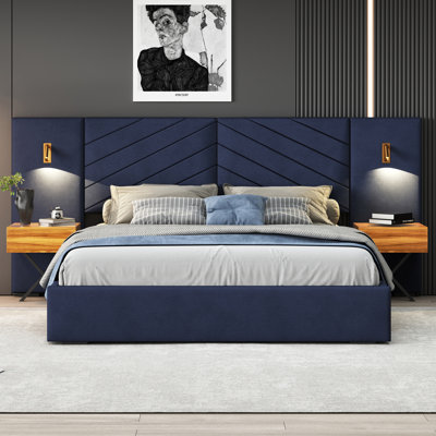 Queen Size Velvet Bed Frame/Vertical Channel Tufted Wingback Headboard/Upholstered Platform Bed/Strong Wooden Slats/No Box Spring Needed/Easy Assemblyroyal Blue