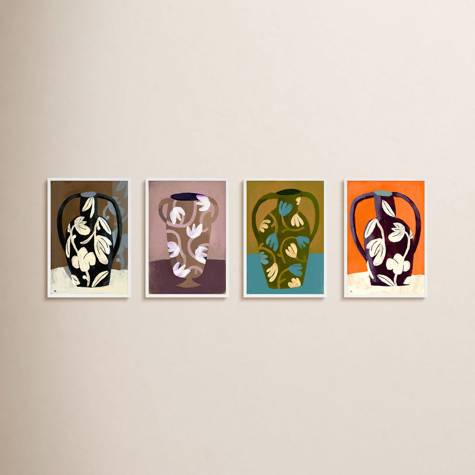 Vases 4-Piece Print Set by Marco Marella, White Framed Paper, 25" H x 17.5" W x 1.25" D