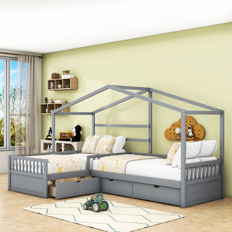 3 Drawers Twin Wooden L-Shaped House Platform Bed, Gray
