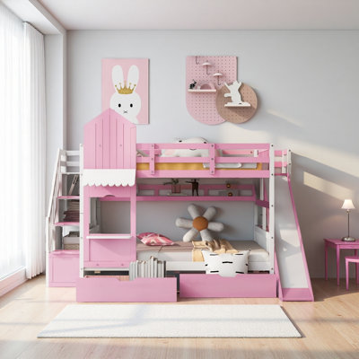 Lit superposé de style château avec 2 tiroirs, 3 tablettes et glissade