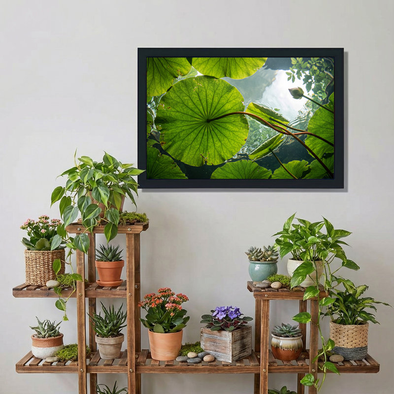 «Green Lotus Leaves and Bud on Rippling Water», art mural, 12"H x 18"W