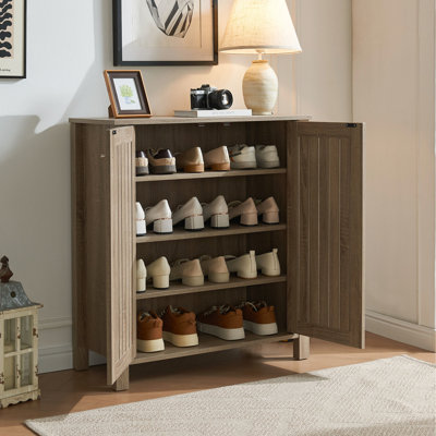Two-door Shoe Cabinet With Metal , 4 Shelves, Dark Taupe Finish For Entryway Storage Vented Doors, Knob,