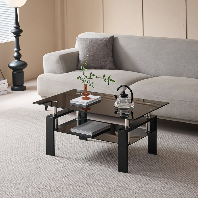 Table basse rectangulaire avec plateau en verre et tablette, Noir