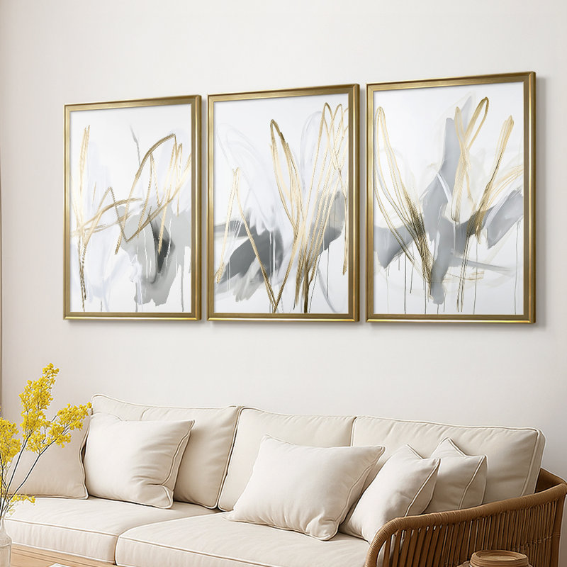 ABSTRACT Series DCCLV III - Toile tendue avec châssis sur mesure - 3 pièces, H 19 po x l 27 po, Doré