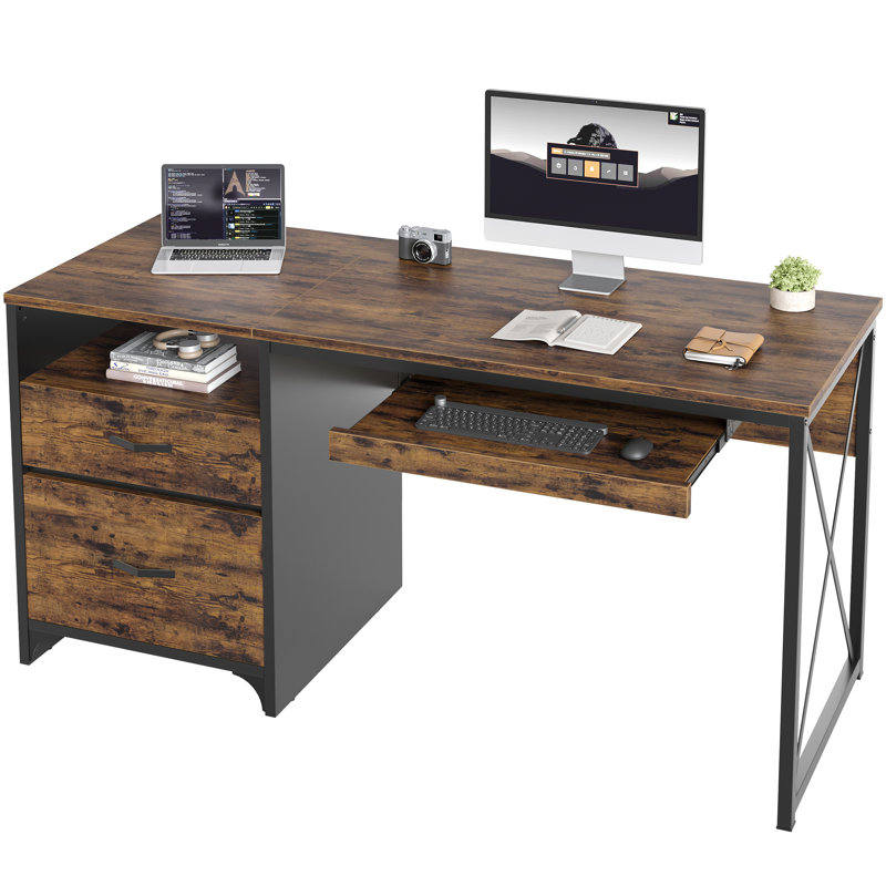 Bureaux de bureau à la maison brun rustique de 55 po avec 2 tiroirs de rangement, bureaux d'ordinateur réversibles avec plateau à clavier et tablette ouverte Labelle