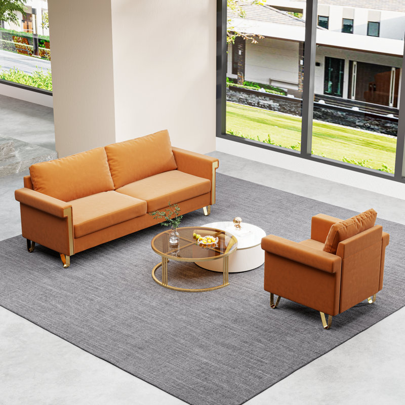 Velvet Sofa And Chair Combo, Orange