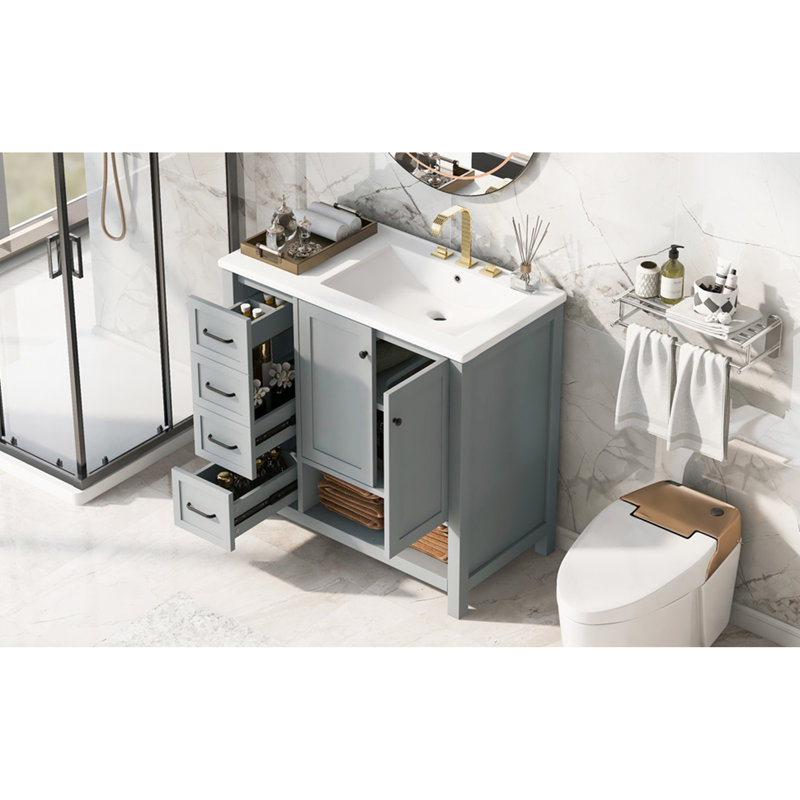 Meuble-lavabo de 36 po avec comptoir d'évier, meuble-lavabo avec deux portes et deux tiroirs, bois massif, tablette ouverte, panneaux de fibres à densité moyenne, ensemble de deux