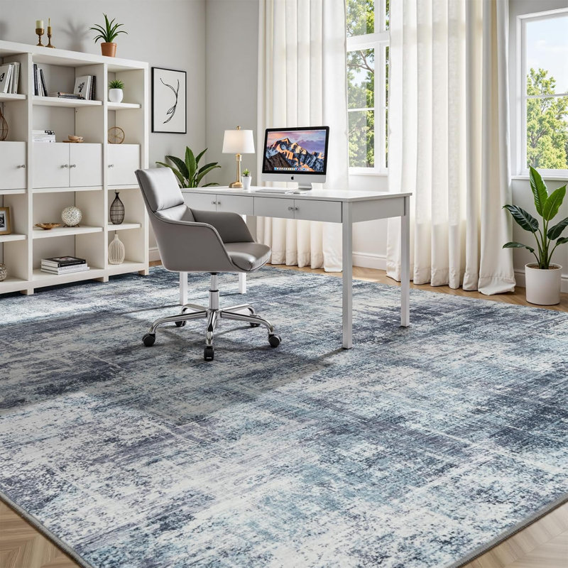 Tapis abstrait lavable moderne neutre 6 pi x 9 pi bleu, Rectangle 6 pi x 9 pi