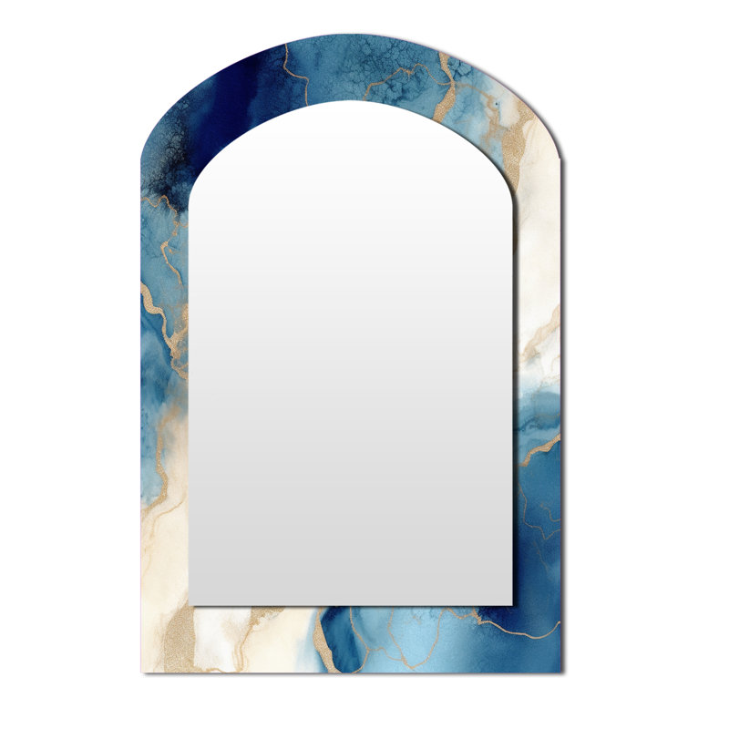 Blue and Gold Marble Clouds XI - Fractals Arch Decorative Mirror, Blue Asymmetrical Wall Mirror, Printed Metal Art, 43" x 33"