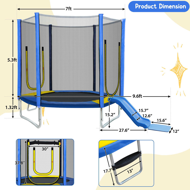 Trampoline pour enfants avec filet d'enclos de sécurité, glissade et échelle, assemblage facile, trampoline récréatif d'extérieur régulier