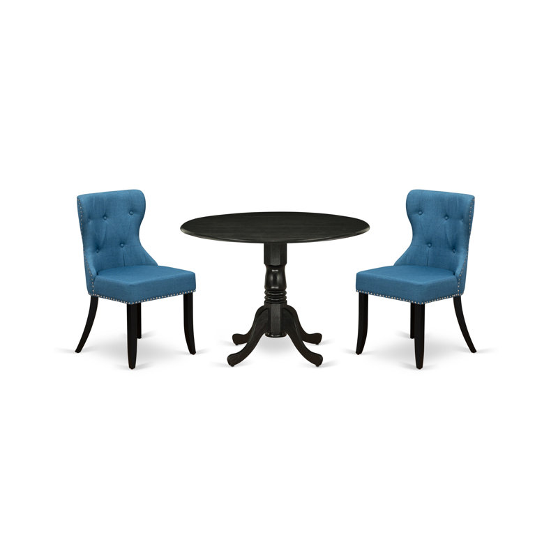 L'ensemble de 3 pièces de table de salle à manger moderne comprend une table ronde en bois avec Dropleaf et 2 chaises Parson rembourrées en tissu bleu, 42 x 42 pouces, noir brossé