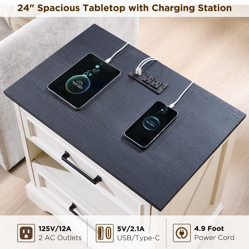 24" Farmhouse End Table With Charging Station, 2 Drawers Large Side Table With Open Shelf, Rustic Nightstand For Bedroom,Living Room