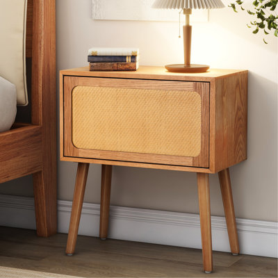 Bedside Table, Rotating Hidden Compartment, Mid Century Modern, Wood Legs, For Bedroom, Living Room, Dorm - Natural, Enhances Spatial Aesthetics Easy To Clean With Robot Vacuum