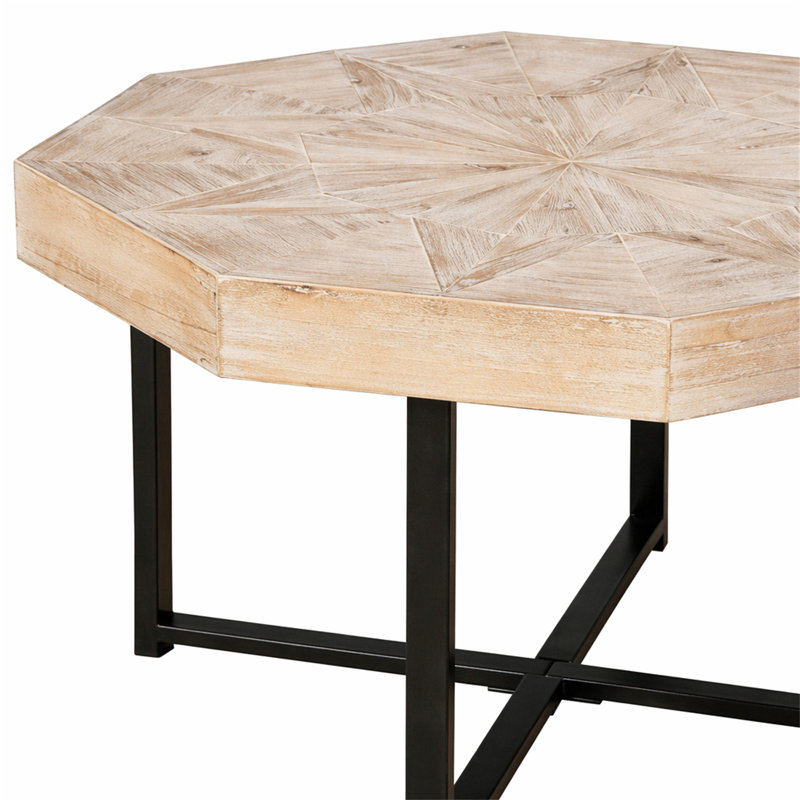 Table basse en bois octogonale rétro avec patchwork de 30 pouces en bois, Chêne, bois naturel / noir