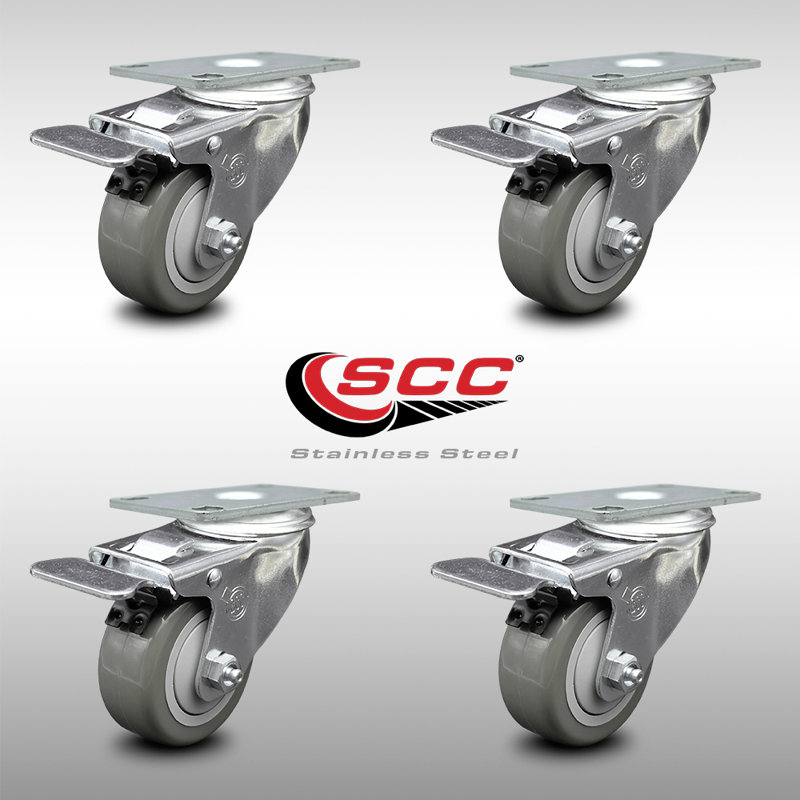 3.5 Inch SS Gray Polyurethane Top Plate Caster Set Total Lock Brake SCC