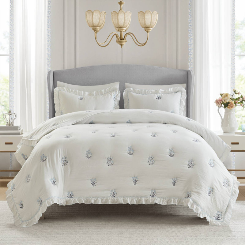 Ensemble de courtepointe 3 pièces Aglaia, Double/Grand, Floral, Bleu