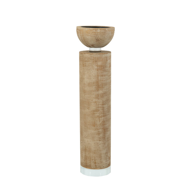 Brown Wooden Candle Holder With Glass Base, 14" H x 3" W x 3" D
