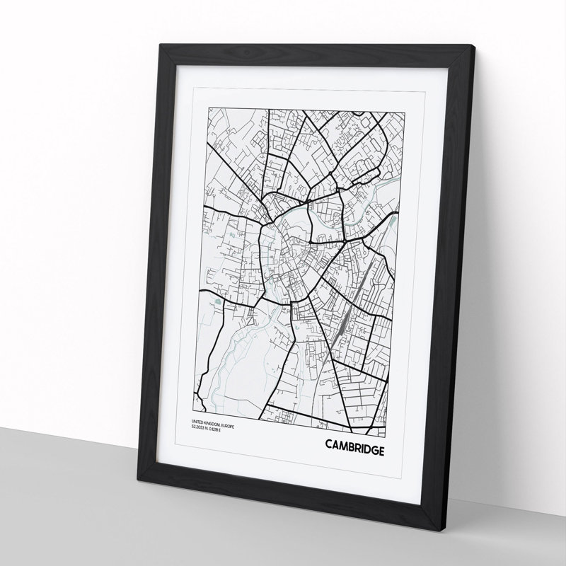 Map Cambridge UK - Picture Frame Graphic Art, Black Framed, 90cm H x 65cm W x 2cm D