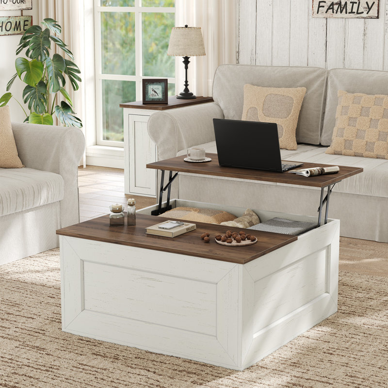 Jareal Coffee Table, 30.9" Square Farmhouse Wood Lift Top Storage Coffee Table, Square Coffee Table For Living Room, White