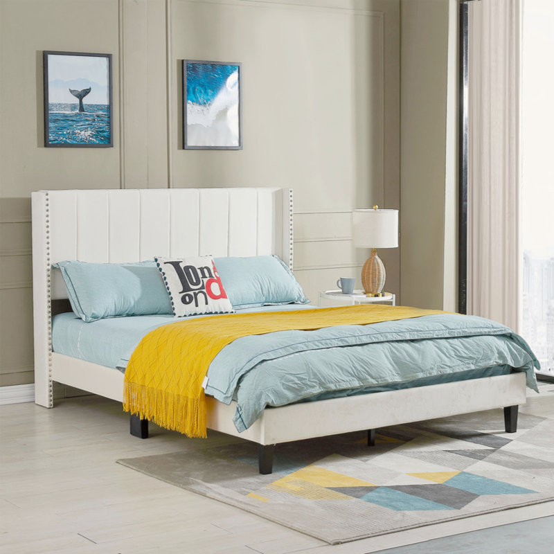 Janaila Tufted Upholstered Platform Bed, Full, Beige