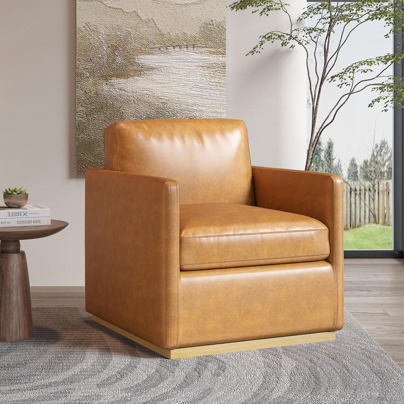  Ebern Designs Premium Barrel Swivel Chair, Brown Faux Leather