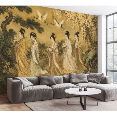 Wall Mural Peel and Stick Wallpaper Ancient Chinese Court Ladies Golden Landscape Cranes Plum Self-Adhesive Removable Contact Paper Wall Decor for Living Room Bedroom 100"H x 144"W