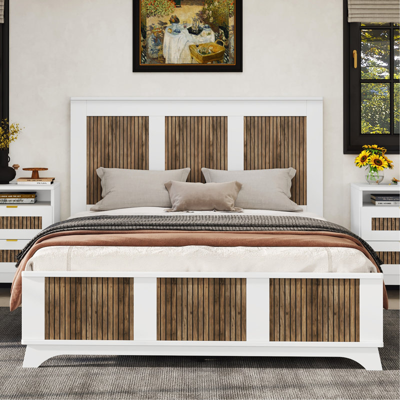 Grand lit en bois avec lattes en contreplaqué, plateforme de couleur blanche en blanc, ornement en bande, capacité de charge de 700 lb, aucun sommier requis