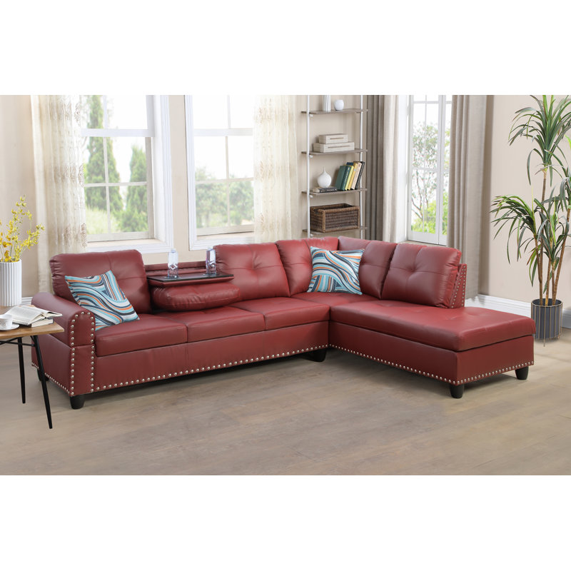 Louvenia Upholstered L-Shaped Sectional, Right Hand Facing, Burgundy Faux Leather