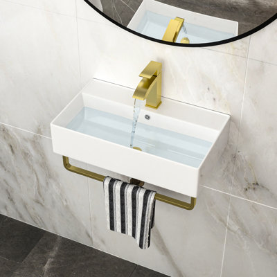 21"X12" Bathroom Sink With Design, Gold Accessories, High-Temperature Ceramic, Low Water Absorption, Effortless Cleaning Faucet And Towel Bar For Rectangular Ceramic Sink, Space, , Smooth Surface