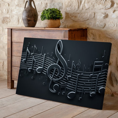 Canvas A Sleek Modern Composition Featuring A Prominent Black Treble Clef Wall Art And Various Musical Notes All Rendered In Glossy Canvas Wall Art