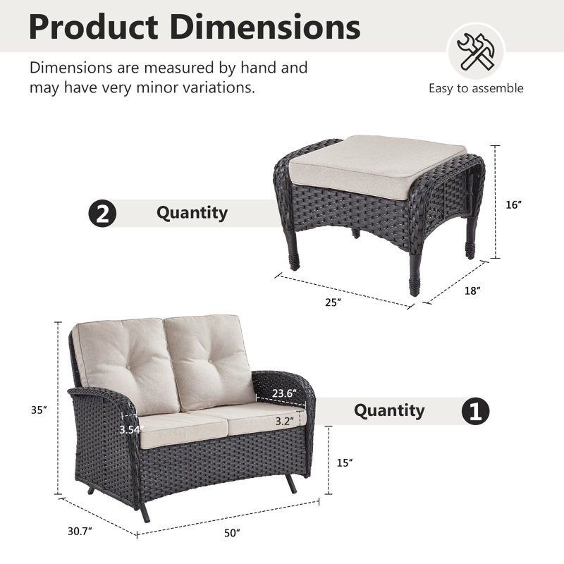 Causeuse de patio en osier avec repose-pieds 50 po Aluel, Beige, Noir, noir, noir, noir