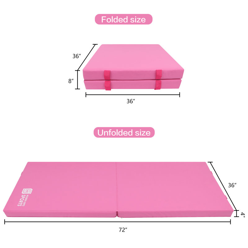 2-Folding Exercise Mat For Kids, 6'X3' Foldable Gymnastics Tumbling Mat, Handles, Pink