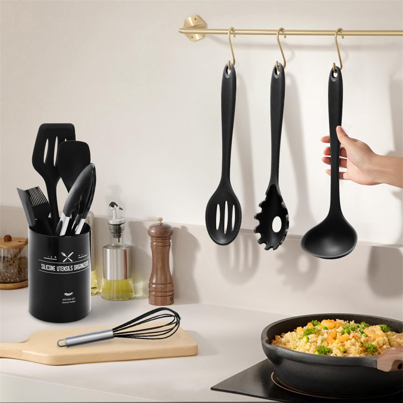 Silicone Kitchen Utensil Set - 12 Piece With Holder,  Black