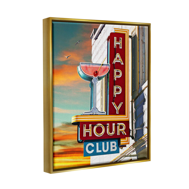 Panneau Happy Hour Club, H 21 po x l 17 po x P 1,7 po, Cadre flottant métallique doré