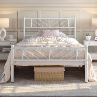 Minimalist Metal Slatted Bed Platform with Arrow Design Headboard