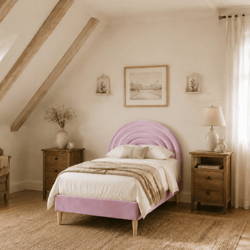 Halis Upholstered Scalloped Bed, Pink Velvet, Twin