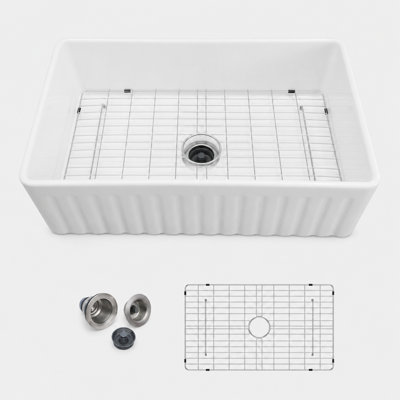 33'' L x 18'' W Reversible Farmhouse Kitchen Sink, Ceramic Single Bowl Kitchen Sink with Accessories