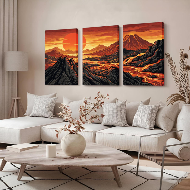 Ensemble de 3 toiles murales représentant un coucher de soleil sur un paysage volcanique, 1218
