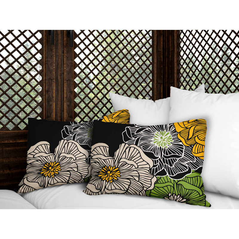 Floral Outdoor Reversible Throw Pillow, Black