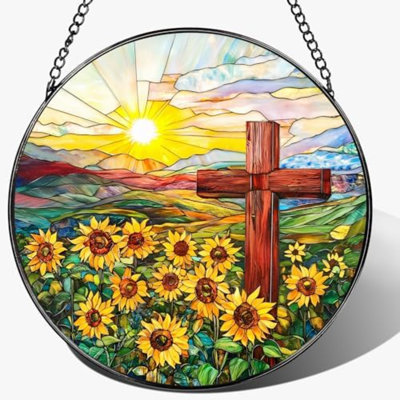 Cross Stained Glass Sun Catcher, Stained Glass Window Hanging, 8 Inch Suncatchers For Windows, Window Hanging Ornament, Easter Faith Home Decor, Cross Gifts, Gift For Religious, Christian Gifts