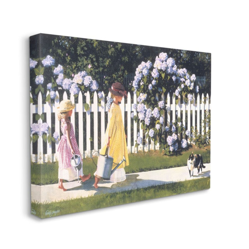 Filles, jardinage, quartier, trottoir, clôture, par Heide Presse, impression, 20" H x 16" W x 1.5" D, Wrapped Canvas