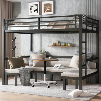Grand lit superposé escamotable en métal, le lit inférieur peut être retiré en trois sections, le lit supérieur est équipé de rails de sécurité, noir.