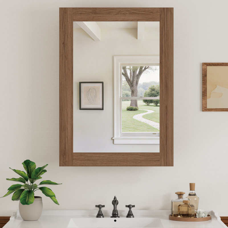 20'' W x 28'' H  Wood Framed Bathroom Medicine Cabinet with Mirror, Adjustable Shelves, Reversible Door, Wall-Mount or Recessed, Walnut, Fully Assembled